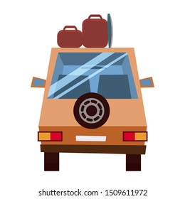 Back view car with suitcases and a surfboard cartoon style. Vector illustration. Isolated on white background.
