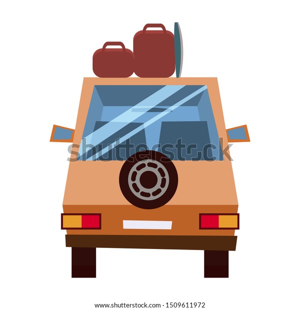 Back view car\
with suitcases and a surfboard cartoon style. Vector illustration.\
Isolated on white\
background.