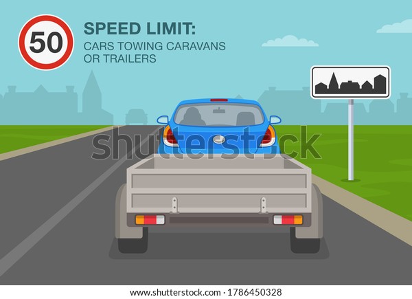 Back view of a car towing caravan or trailer in\
built-up area or living street. Speed limit. Driving a car. Flat\
vector illustration\
template.