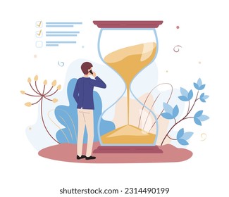 Back view of cartoon guy talking on phone discussing work tasks against background of hourglass. People doing different tasks and managing time. Vector illustration