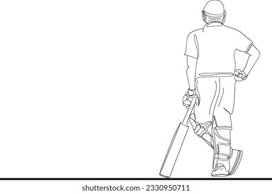 Back View Cartoon Illustration of a Cricket Batsman: Outline Style, Dynamic Cricket Batsman Silhouette: Continuous Outline, Continuous Outline Cartoon of a Cricket Batsman: Back Side Pose