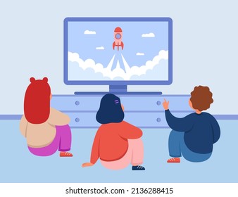 Back view of cartoon kids watching movie or show on television. Boy and girls sitting on floor, looking at TV screen flat vector illustration. Entertainment, leisure concept for banner, website design