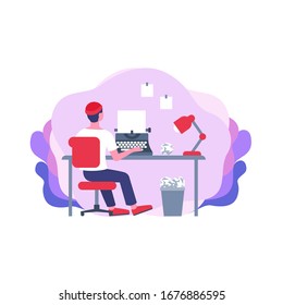 Back view cartoon male ghostwriter working sitting on table typing on paper using typewriter vector flat illustration. Creative man freelancer writer at modern workplace isolated on white background