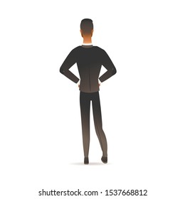 Back view of cartoon man in black suit standing in confident pose - male character with modern fade haircut isolated on white background. Vector illustration.