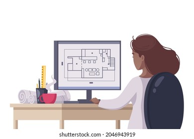 Back view of cartoon woman architect working on construction project vector illustration