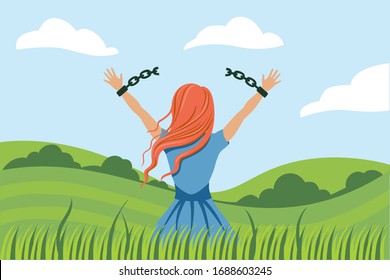 Back view cartoon woman break handcuffs enjoy freedom at natural landscape. Colorful female breaking chains on hands admiring nature scenery. Concept of emancipation, girl power and revolution