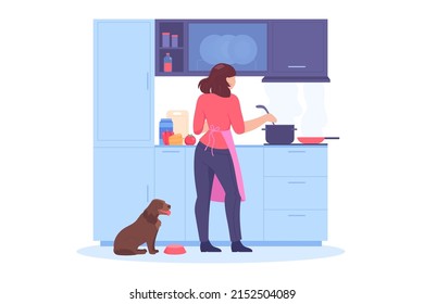 Back View Of Cartoon Woman Making Food In Pot In Kitchen At Home. Girl In Front Of Stove, Dog Eating Out Of Bowl Flat Vector Illustration. Housekeeping, Cooking Concept For Banner Or Landing Web Page