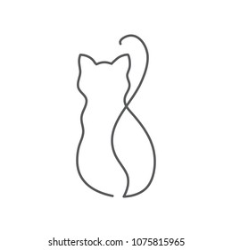 Back view of cat continuous line drawing - cute pet sits backward with twisted tail isolated on white background. Editable stroke vector illustration of domestic animal in one line for logo.