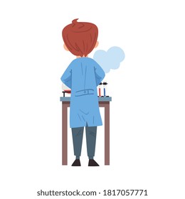 Back View of Chemist Scientist, Doctor or Student Character in Lab Coat Working at Medical or Researching Laboratory Cartoon Style Vector Illustration