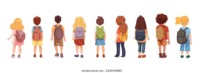 Ver niños con mochilas. Niños de la escuela aislados de origen blanco. Gran grupo de estudiantes retrospectivamente. Ilustración retrovisor de dibujos animados planos vectoriales.