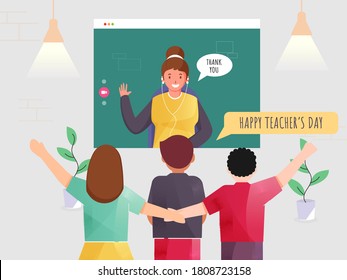 Back View of Children Interacting on Video Call with Female Teacher to Wish Teacher's Day.