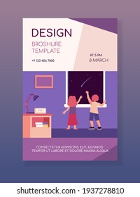 Back view of children watching night sky with falling star. Cosmos, wish, dream flat vector illustration. Childhood and fun concept for banner, website design or landing web page