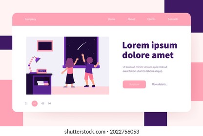 Back view of children watching night sky with falling star. Cosmos, wish, dream flat vector illustration. Childhood and fun concept for banner, website design or landing web page