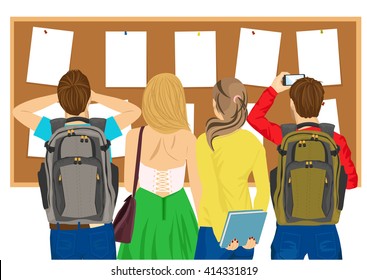 Back View Of College Students Looking At Bulletin Board