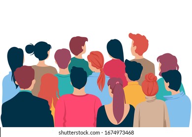 Back View Colored Head Of Cartoon People Crowd Theater Watching Isolated On White Background. Viewers Characters Man And Woman Looking At Show Entertainment Presentation Vector Graphic Illustration