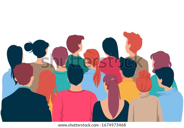 Back view colored head of cartoon people\
crowd theater watching isolated on white background. Viewers\
characters man and woman looking at show entertainment presentation\
vector graphic\
illustration