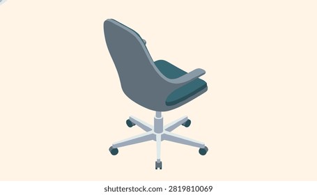 Back view of comfortable modern grey office chair with wheels isolated on warm cream background for workplace design.