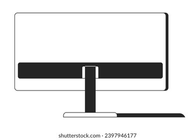 Back view computer desktop black and white 2D line cartoon object. Corporate technology isolated vector outline item. Furniture office. Computer monitor keyboard monochromatic flat spot illustration