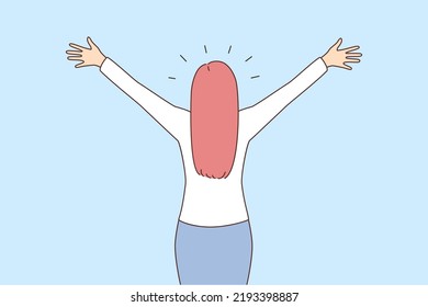 Back view of confident businesswoman stand with hands open welcome new opportunities. Successful woman ready for career perspectives and possibilities. Vector illustration. 