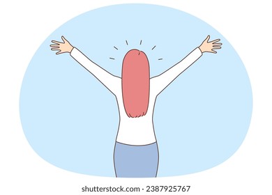 Back view of confident businesswoman stand with hands open welcome new opportunities. Successful woman ready for career perspectives and possibilities. Vector illustration.