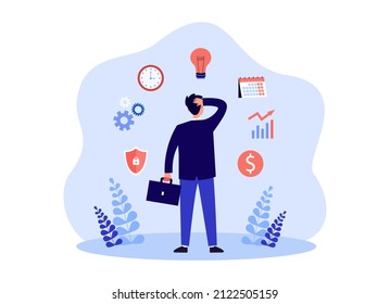 Back view of confused businessman thinking of tasks. Busy office worker and symbols of calendar, lightbulb, clock flat vector illustration. Finances, time management concept for banner, website design