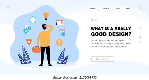 Back view of confused businessman thinking of tasks. Busy office worker and symbols of calendar, lightbulb, clock flat vector illustration. Finances, time management concept for banner, website design