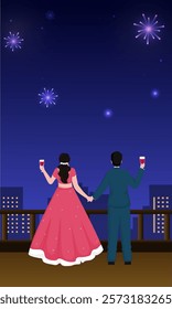 Back View of Couple Enjoying Drinks and Looking Fireworks in Sky at Roof for Celebration Concept.