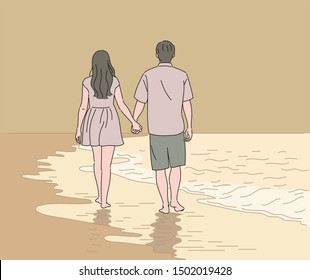 Back view of a couple holding hands and walking down the beach. hand drawn style vector design illustrations.