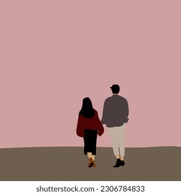 Back view of a couple holding hands and walking. hand drawn style vector design illustrations.