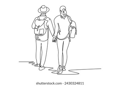 Back view of a couple holding hands when going on holiday drawing y simple continuous line. holiday minimalist concept. simple line.