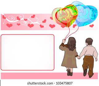 back view couple holding love balloon on greeting card template