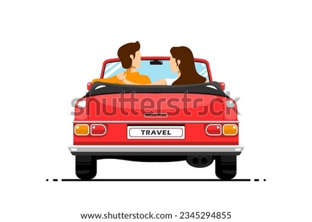 Back view, Couple human in personal classic car on isolated background, Vector illustration.