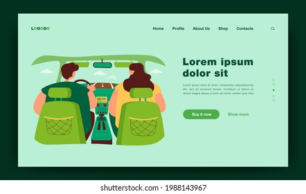 Back view of couple inside car isolated flat vector illustration. View from backseat. Cartoon driver driving and passenger sitting near him. Automobile interior and navigation concept