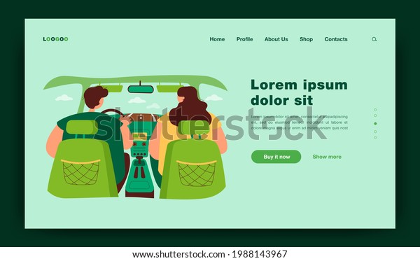 Back view\
of couple inside car isolated flat vector illustration. View from\
backseat. Cartoon driver driving and passenger sitting near him.\
Automobile interior and navigation\
concept