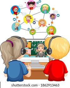 Back view of a couple kid looking at computer for online learning on white background illustration