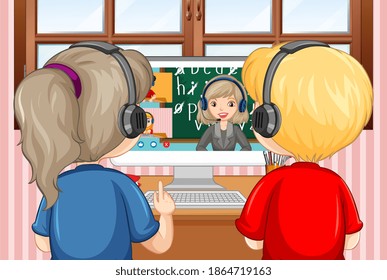 Vista posterior de un par de niños mirando la computadora para el aprendizaje en línea en la ilustración del hogar