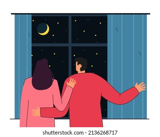 Back View Of Couple Looking At Night Sky Through Window. Husband And Wife Watching Stars And Moon At Home Flat Vector Illustration. Love, Romance, Dream Concept For Banner Or Landing Web Page