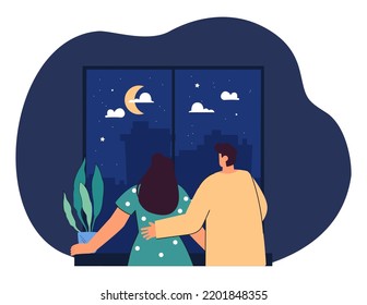 Back view of couple looking at night sky through window. Husband and wife looking at city in evening flat vector illustration. Family, love, romance concept for banner, website design or landing page