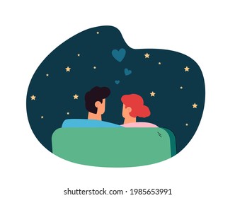 Back view of couple looking at starry night sky. Flat vector illustration of lovers. Romantic relationship, love concept for banner, website design or landing web page.