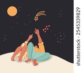 Back view of a couple in love lying outdoors under the stars during a romantic evening together. The man and woman are looking up at the stars. Concept of love and relationship. Hand drawn vector.