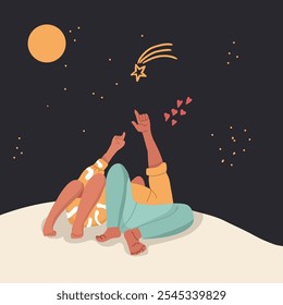 Vista trasera de una pareja de enamorados tumbados al aire libre bajo las estrellas durante una noche romántica juntos. El hombre y la mujer están mirando las estrellas. Concepto de amor y relación. Vector dibujado a mano.