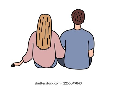 Back view of couple in love sit. Man and woman in romantic relationships. Romantic time together. Love. Valentine day. Hand drawn style. Vector illustration