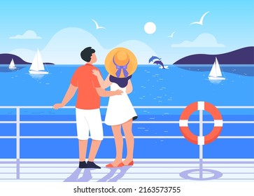 Back view of couple on deck of cruise ship. Man and woman sailing on boat, romantic seascape flat vector illustration. Vacation, romance, leisure concept for banner, website design or landing web page