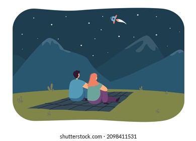 Back view of couple on romantic date under stars in mountains. Boyfriend and girlfriend watching rocket flying in sky flat vector illustration. Love, romance, outdoor activity concept for banner