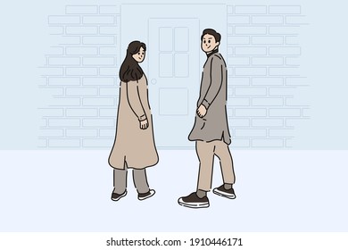 Back view of a couple pose in front of door. Hand drawn style vector illustration of happy young couple