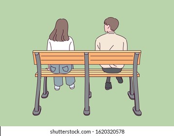 Back view couple sitting bench  hand drawn style vector design illustrations  