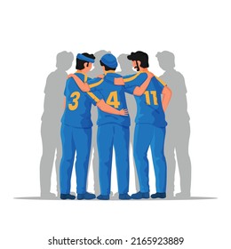 Back View Of Cricket Players Standing Together On White Background.