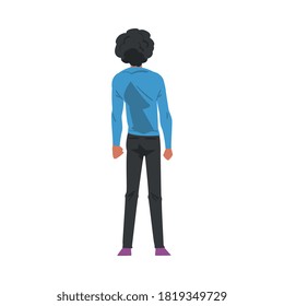 Back View of Curly Brunette Guy, Young Man Viewed from Behind Wearing Casual Clothes and Looking at Something Cartoon Style Vector Illustration