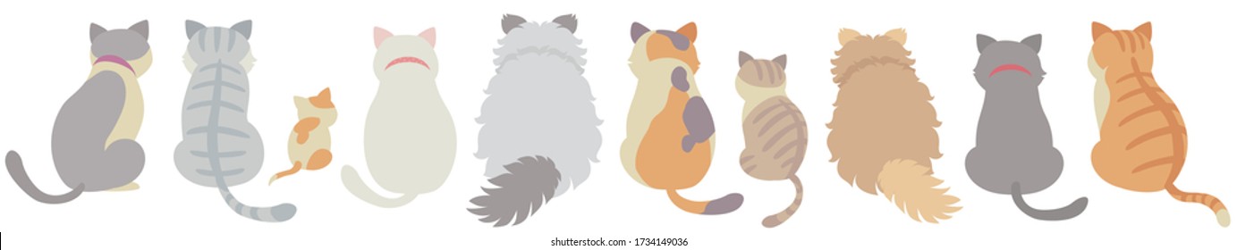 Vista posterior de gatos lindos con fondo blanco. Ilustración vectorial al estilo de las caricaturas planas.