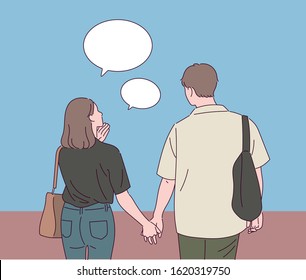 Back view of cute couple walking holding hands. hand drawn style vector design illustrations. 